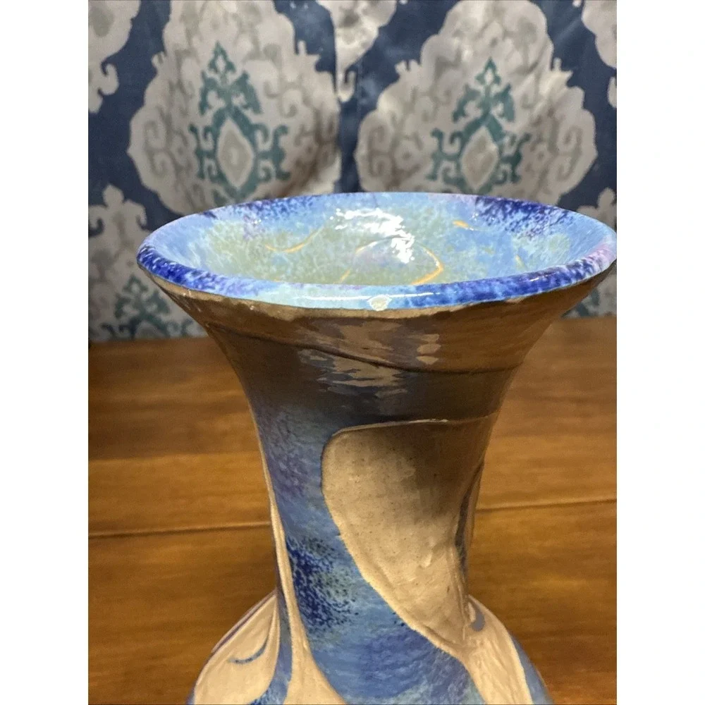 VTG‎  Jamaica Wassi Art Vase Carved Rare Pottery 9 Inches Blue/Tan Abstract 2001